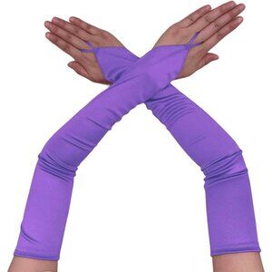 Women's Stretchy Purple Long Satin Fabric Gloves Elbow Length Opera Party Prom